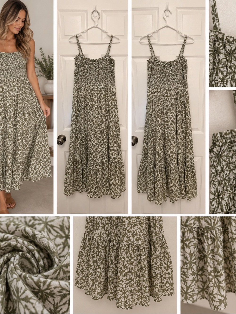 GAP Olive Green Floral Smocked Midi Dress